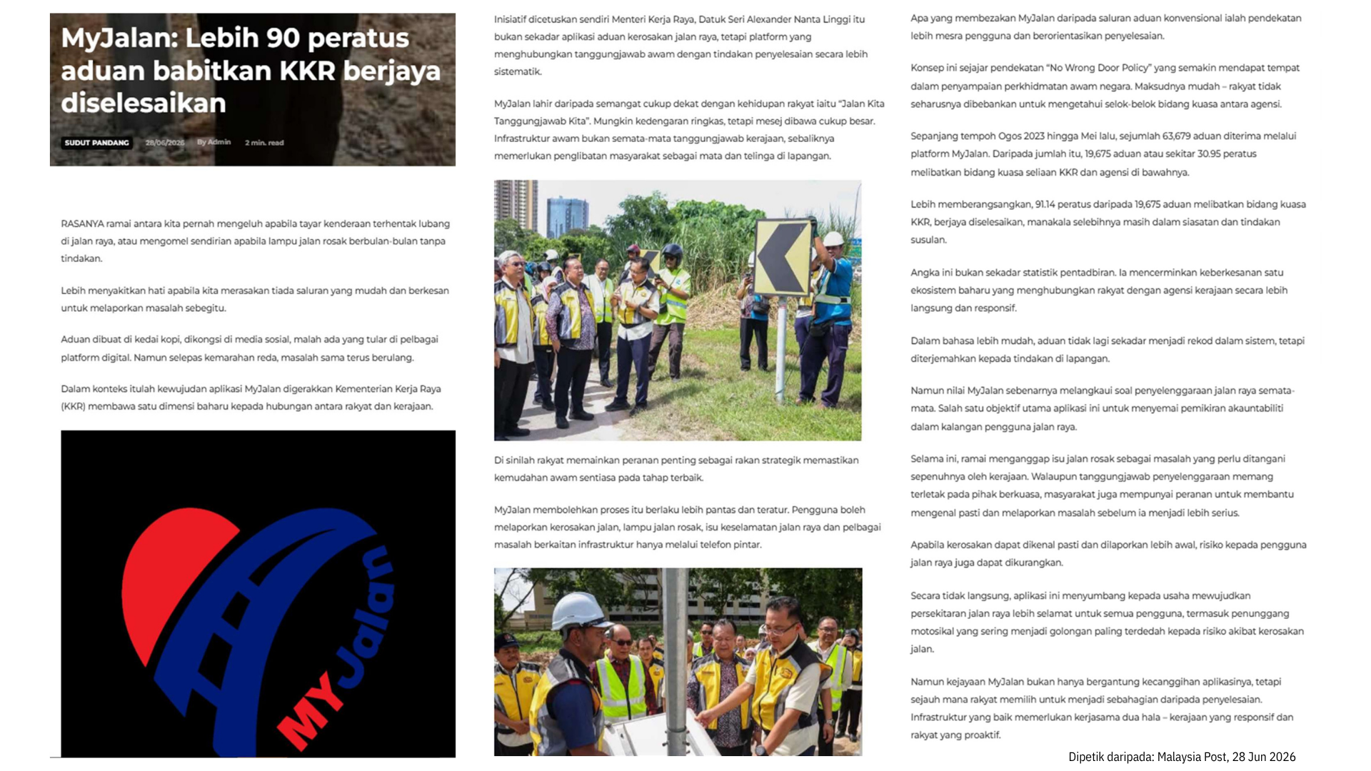 28 Jun 2026, Kuala Lumpur - MyJalan Lebih 90 peratus aduan babitkan KKR berjaya diselesaikan (Malaysia Post)